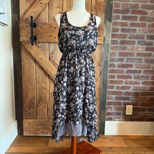 Blue Bird Black Floral Sleeveless High-Low Midi Dress Women’s Medium